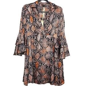 Uncle Frank Women's Satin Snake Print Mini Dress Sz M V-Neck Ruffle Bell Sleeves